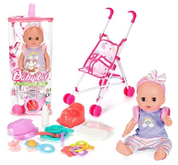 100552.jpg Пупс (29см) с аксессуарами (коляска,рожок,погремушки,тарелка